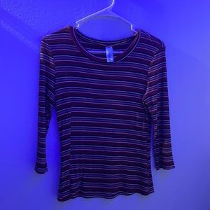 A burgundy shirt with black,white,and green strips